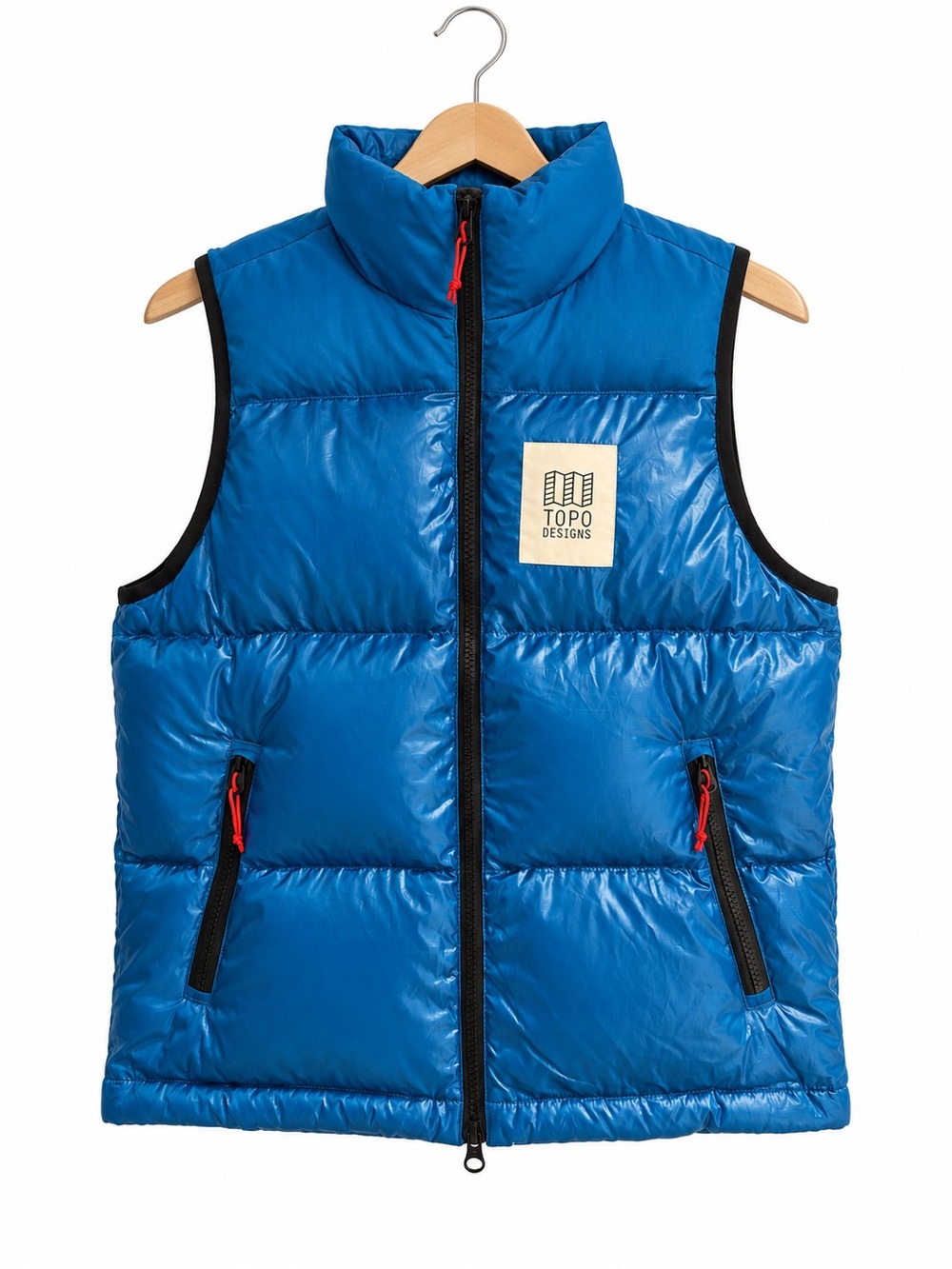 Topo Designs Bright Blue Puffer Vest with Red Accents